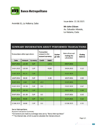 Download Cuba Banco Metropolitano bank proof of address bank statement word